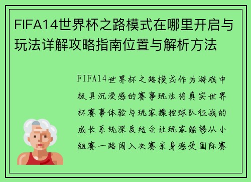 FIFA14世界杯之路模式在哪里开启与玩法详解攻略指南位置与解析方法