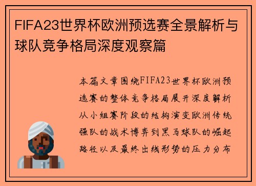 FIFA23世界杯欧洲预选赛全景解析与球队竞争格局深度观察篇